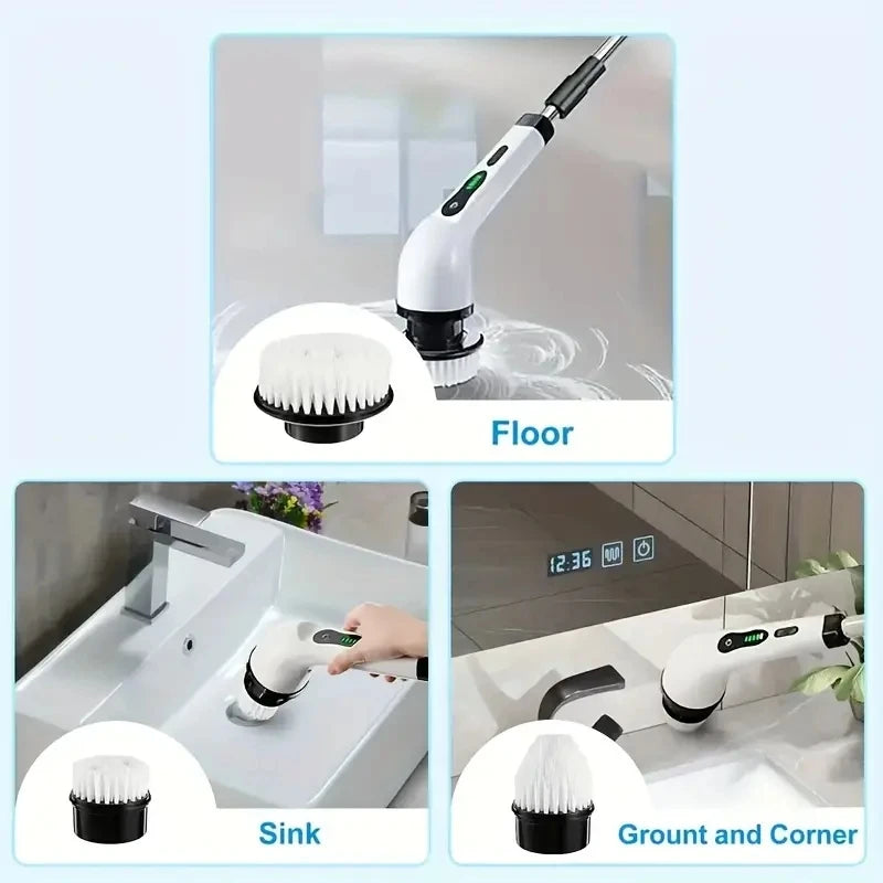 Electric Spin Scrubber Cordless Bathroom Cleaner with 7 Brush Heads & Adjustable Extension Handle