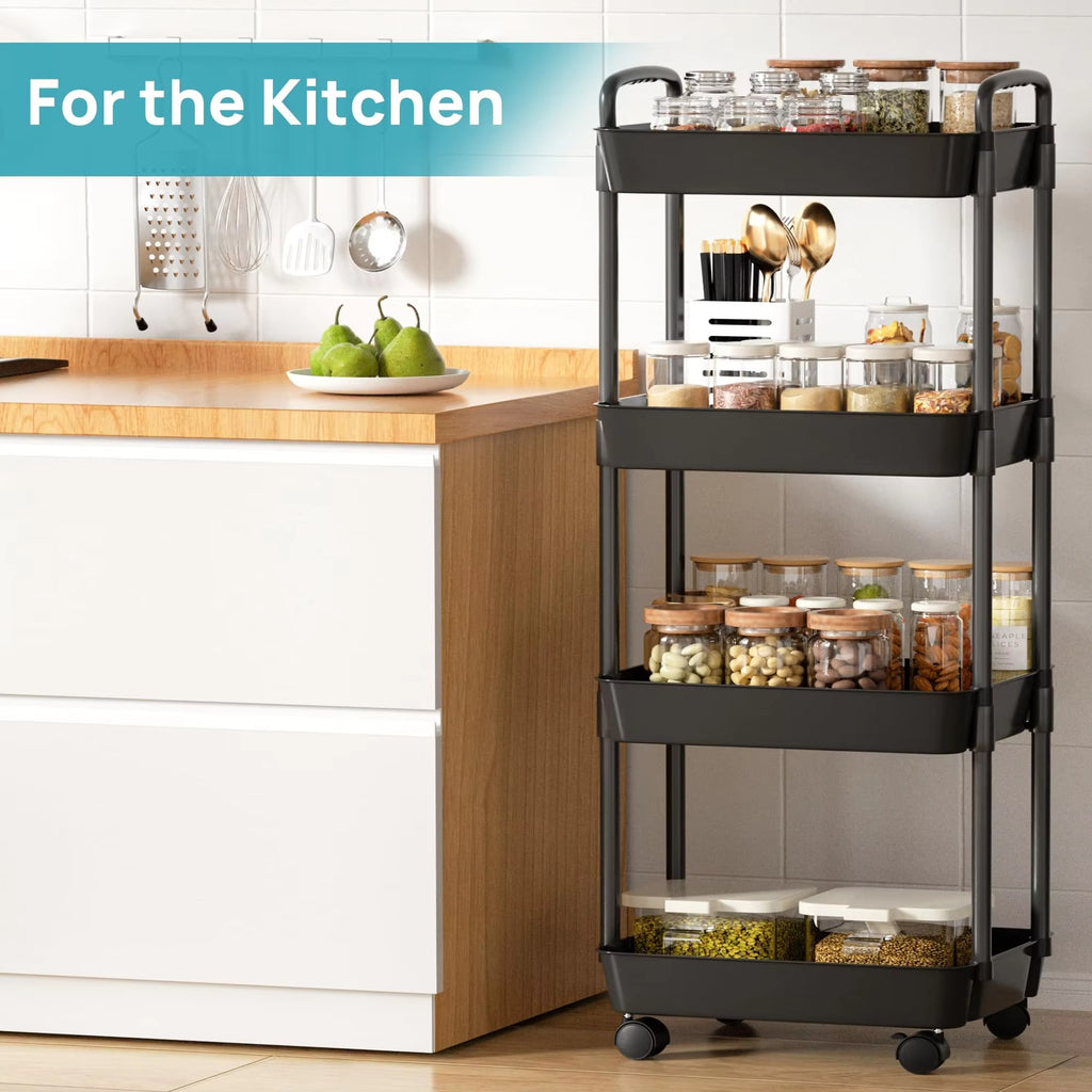 4 Tier Rolling Storage Cart with Wheels Utility Organizer for Kitchen Bathroom Laundry Room Office